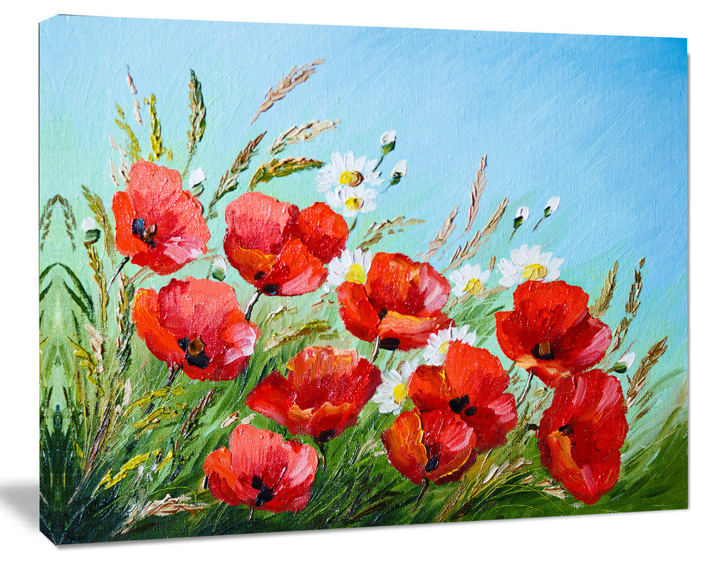 Poppies in Field against Blue Sky, Floral Canvas Art Print, 60"x28"