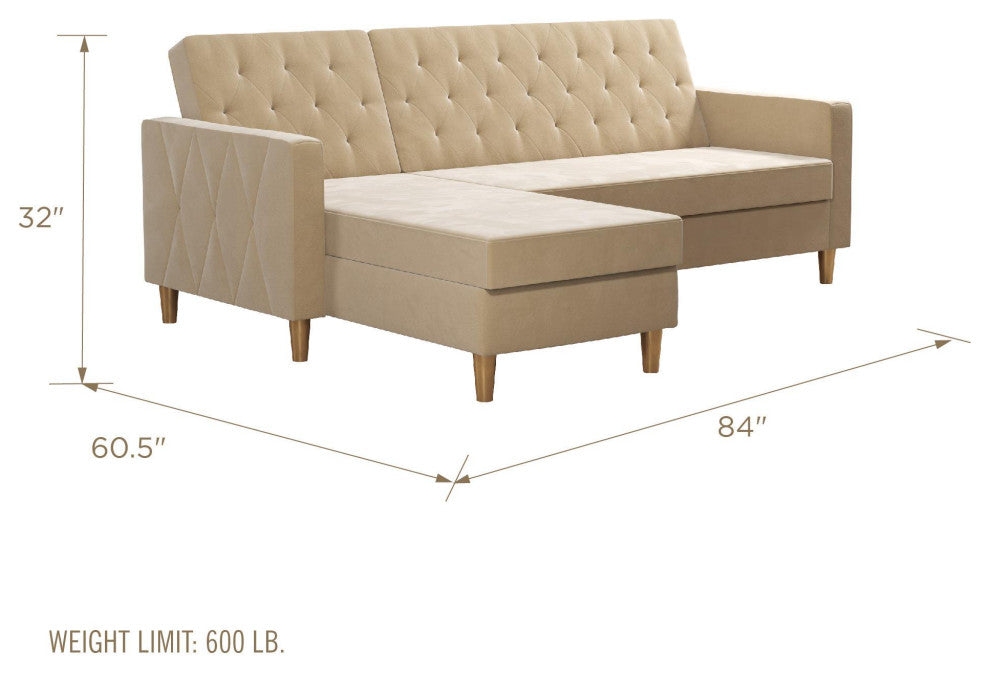 Unique Sectional Futon Sofa, Reversible Design With Diamond Tufting, Ivory