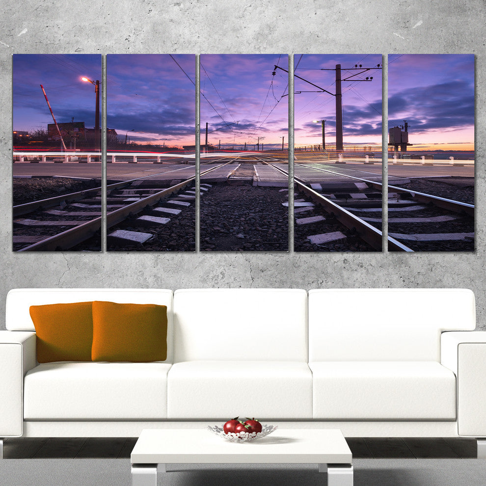 "Rail Crossing With Blurred Car Lights" Cityscape Photo Art, 5 Panels, 60"x28"
