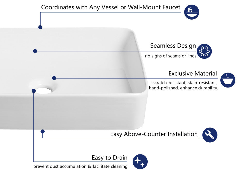 Rectangle Above Counter Porcelain Ceramic Bathroom Vessel Vanity Sink Art Basin
