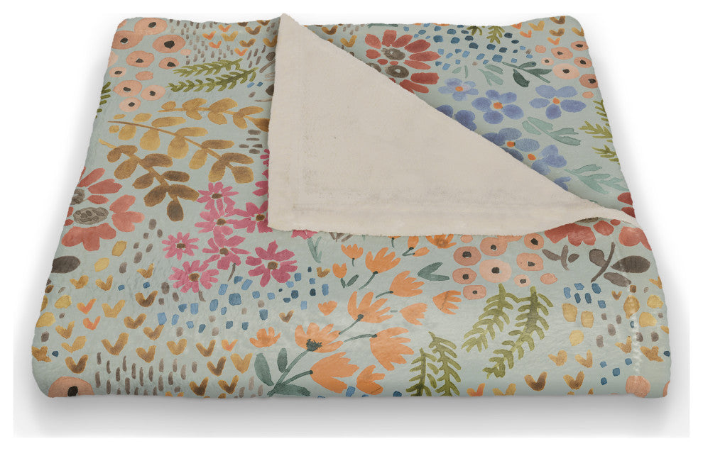 Wild Flower Floral on Blue 50x60 Coral Fleece Blanket