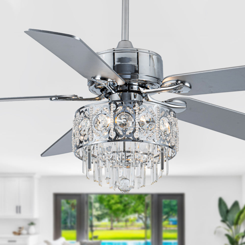 52" Modern Silver Crystal Ceiling Fan 6-speed with Dimmable Light and Remote, Chrome, 52"