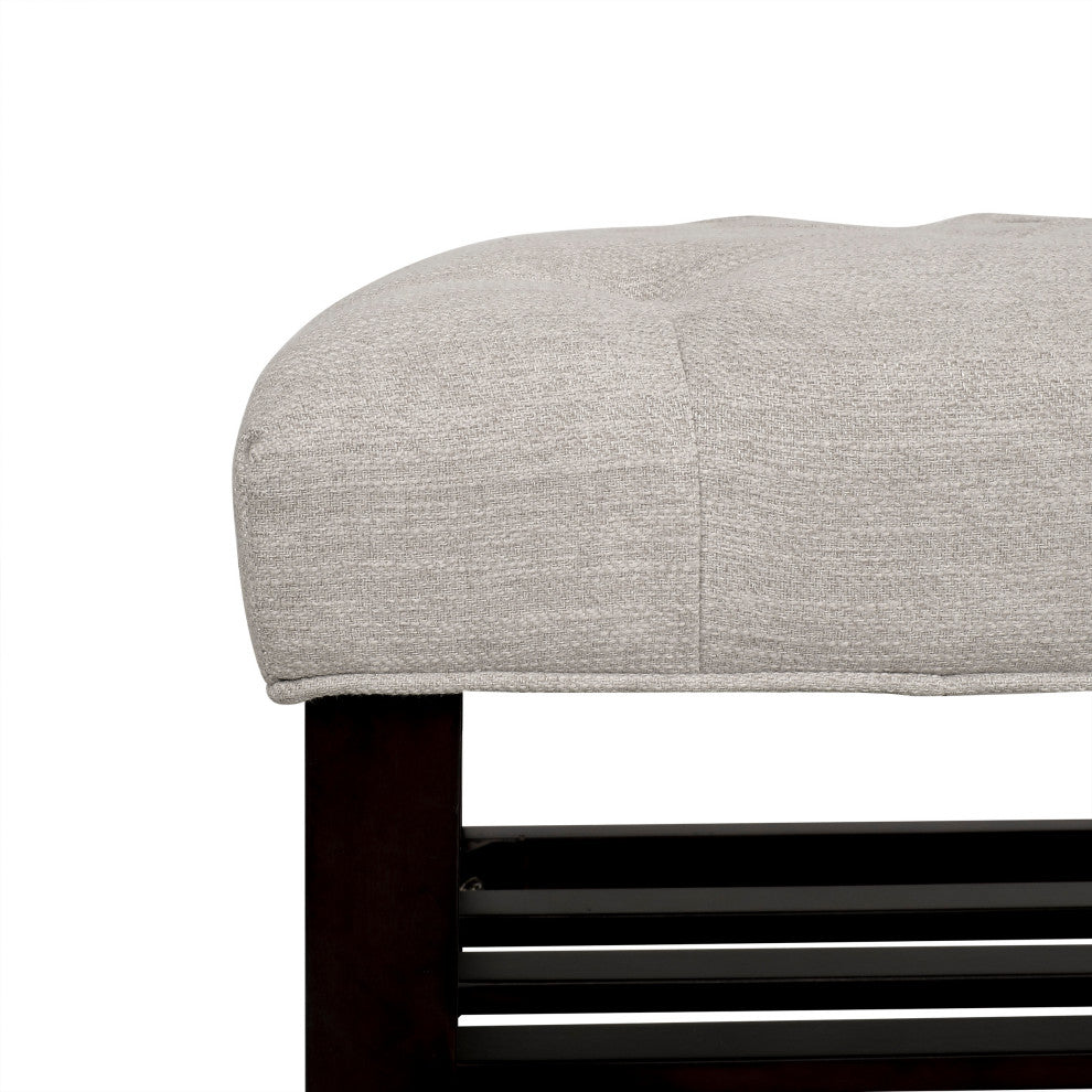 Pelon Contemporary Button Tufted Bench With Shelf, Beige/Dark Walnut