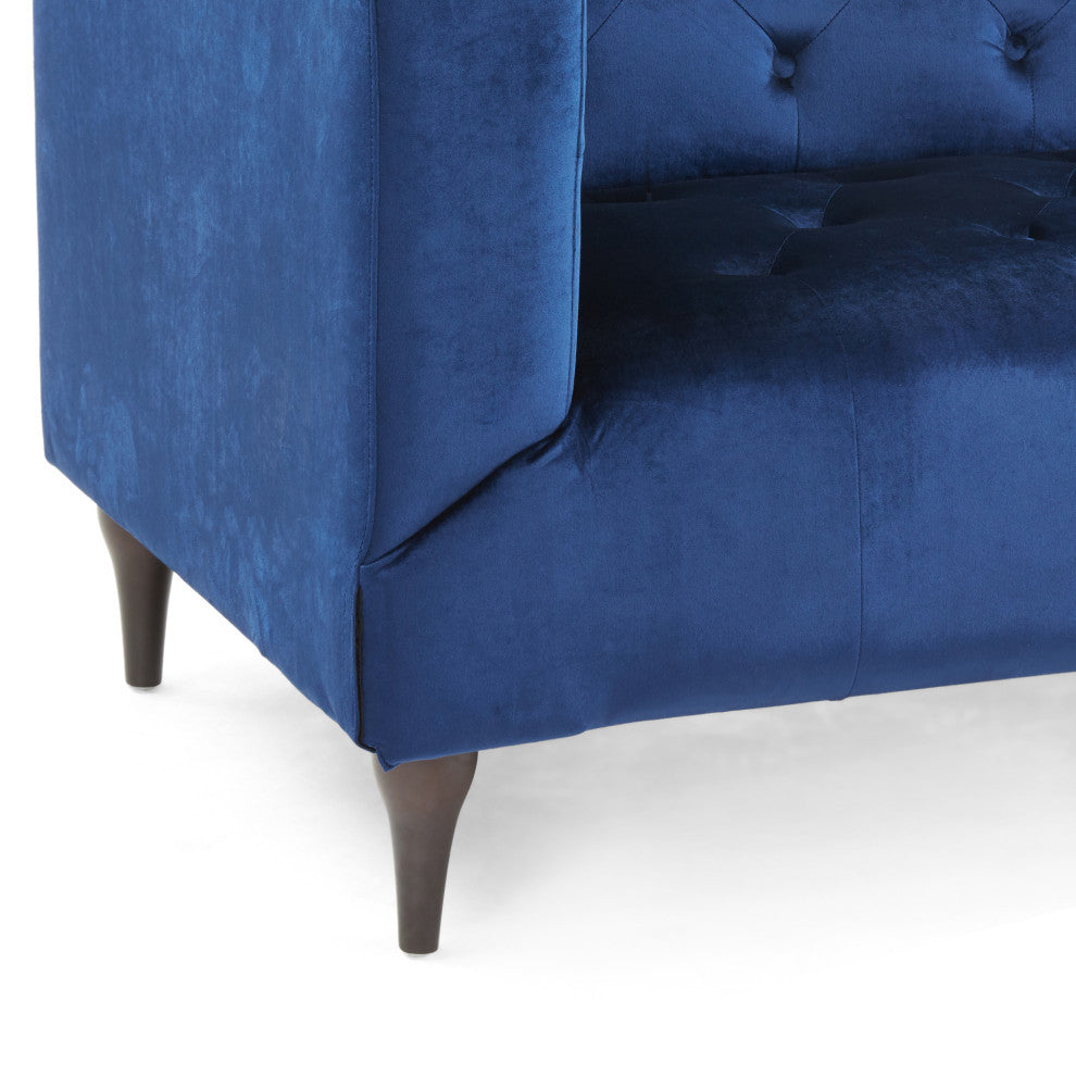 Admiral Contemporary Tufted 3-Seater Sofa, Midnight Blue/Espresso/Gold, Midnight Blue/Espresso/Gold