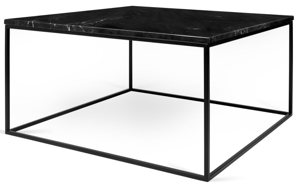 Modern Marble Top Minimal Metal Base Coffee Table, Black Marble/Black Base