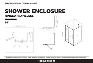 Shower Enclosure Hinged Frameless Tempered Glass, Satin Brass, 36"