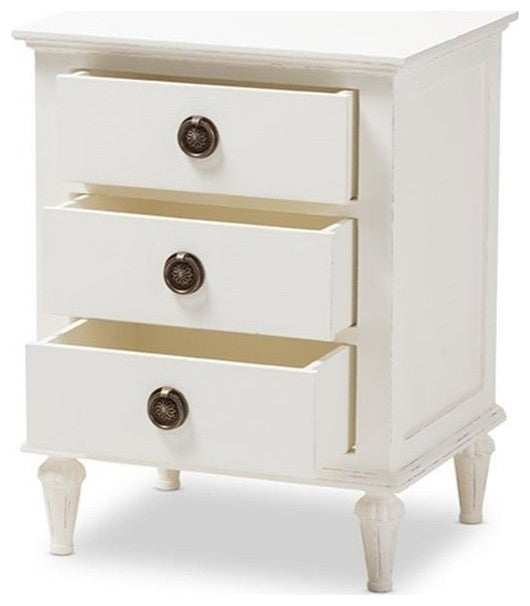 Venezia French-Inspired Rustic Whitewash Wood 3-Drawer Nightstand