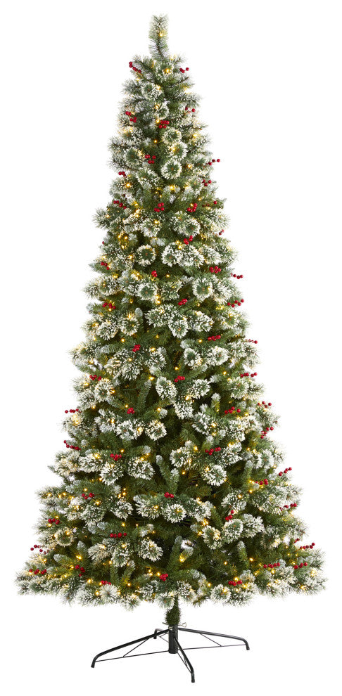 9' Frosted Swiss Pine Faux Christmas Tree With 700 Clear LED Lights and Berries
