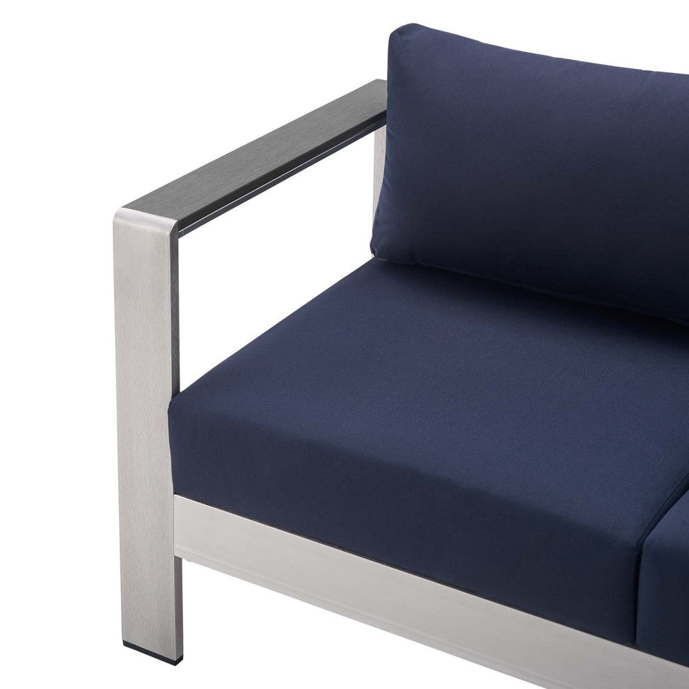 Sectional Sofa Chair Table Set, Sunbrella, Aluminum, Silver Blue Navy, Outdoor