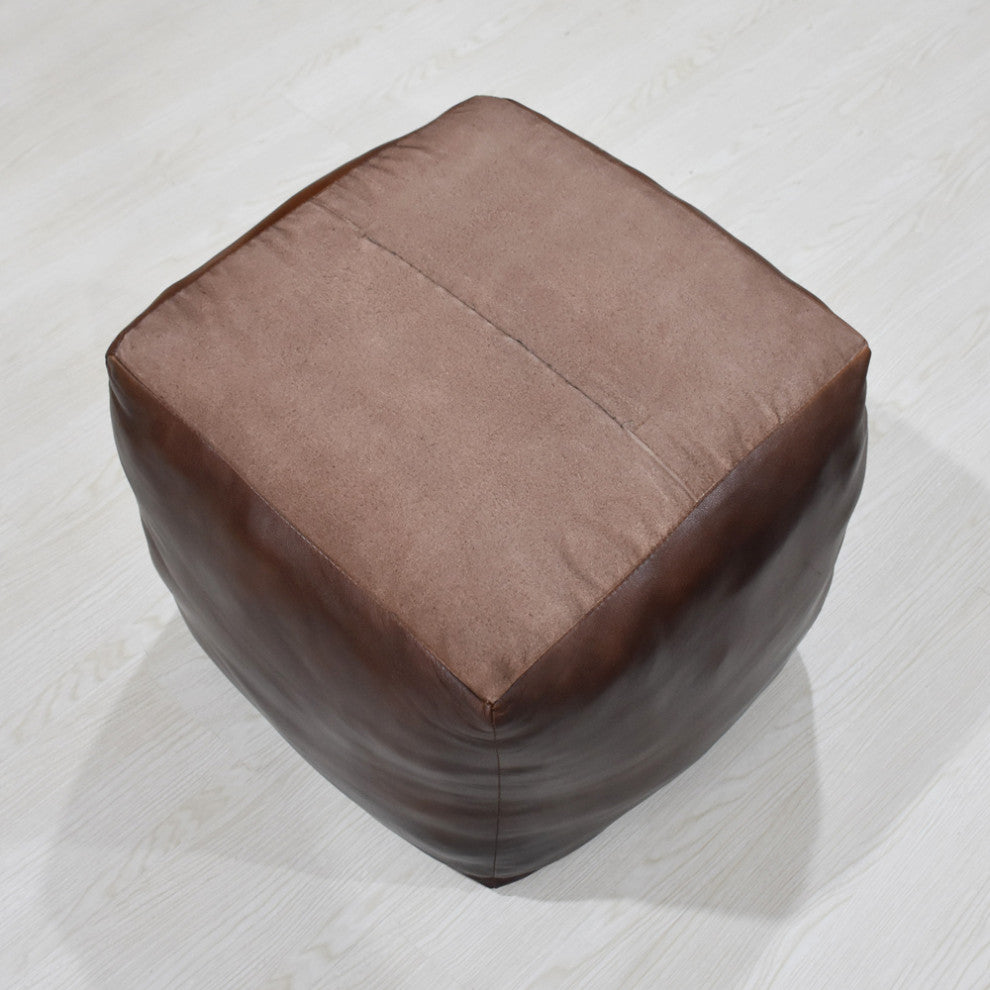 Poufs-Solid Goat Leather Pouf, Handmade (Recycled Cotton Fill), (Square]14x14x14