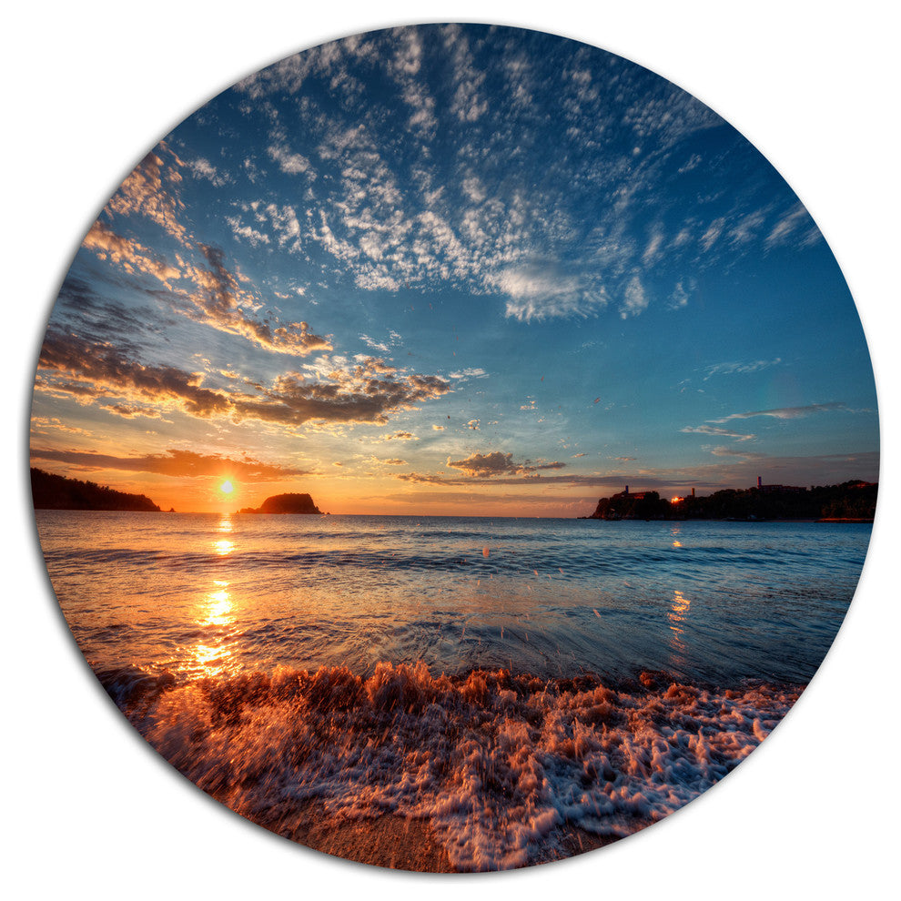 Tranquil Beach And Whimsical Clouds, Seashore Disc Metal Wall Art, 11"