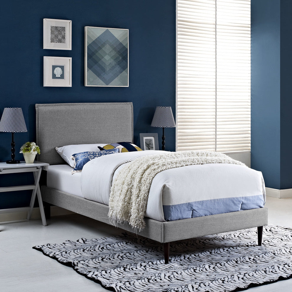Modway Camille Twin Fabric Platform Bed With Round Tapered Legs, Light Gray