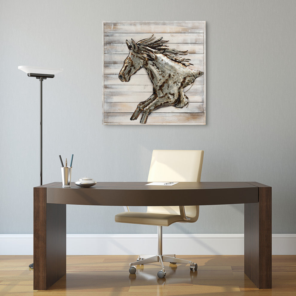 "Golden Horse" Metallic Hand Painted Wall Art on Rugged Wooden Blocks Wall 32x32