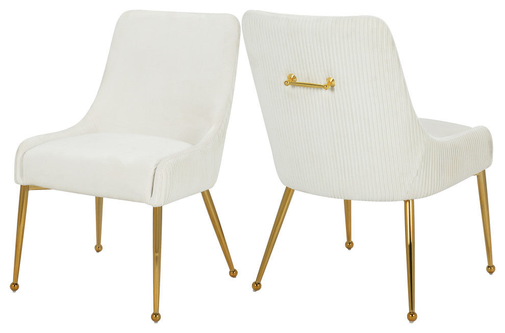 The Ace Dining Chair, Cream and Gold, Pleated Velvet, Set of 2