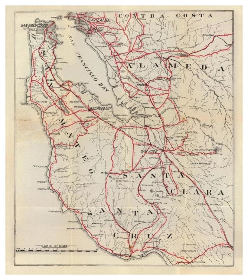 "San Mateo, Santa Cruz, Santa Clara, Alameda, Contra Costa" Paper Art, 16"x18"