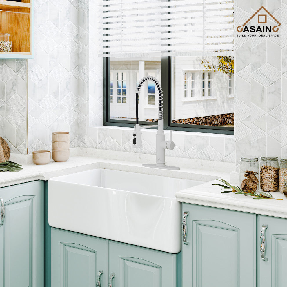 Single-Handle Spring Pull Down Sprayer Kitchen Faucet with Infrared Induction, Matte White