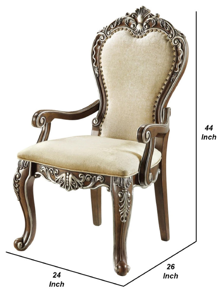 Benzara BM275732 Classic Upholstered Armchair, Scrolled Details, Nailhead, Brown