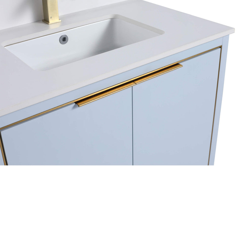 Opulence Bath Vanity, Pastel Blue, 30", Satin Brass Hardware, White Top