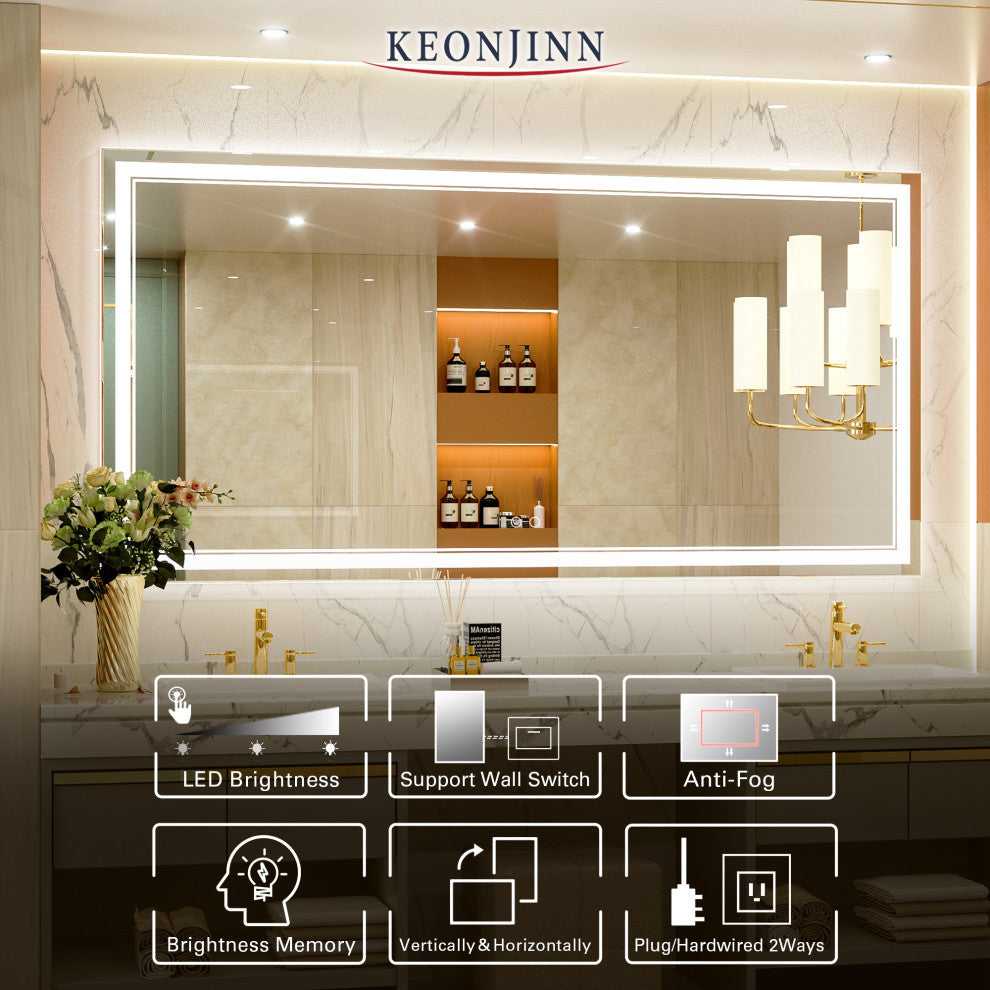 3-Colors LED Bathroom Mirror, Anti-Fog Memory Dimmable, Sliver, 72"x36"