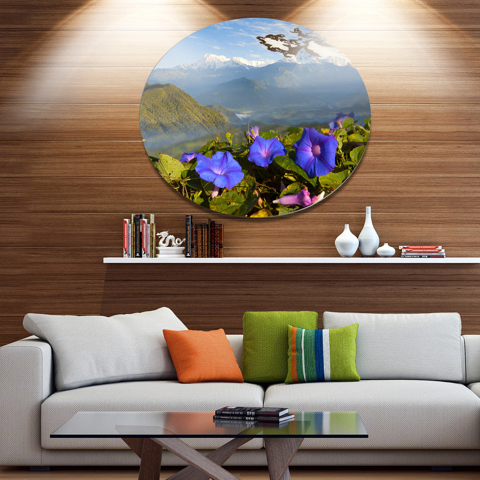 Stunning Mountain Terrain With Flowers, Landscape Disc Artwork, 23"