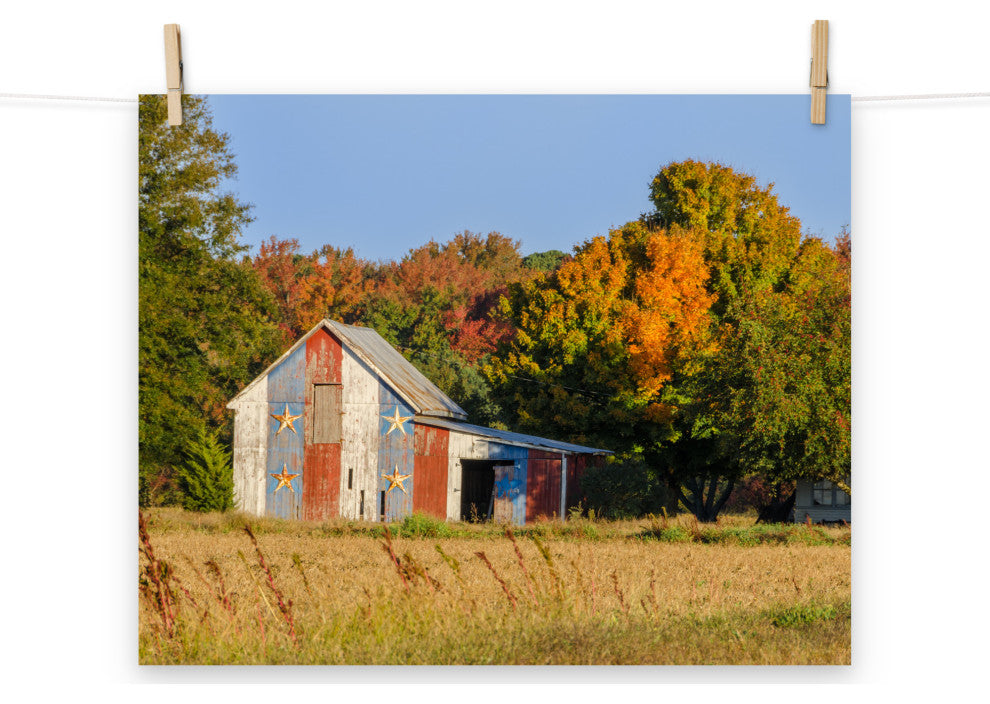 Patriotic Barn in Field Landscape Photo, Rural Unframed Wall Art Print, 16" X 20"