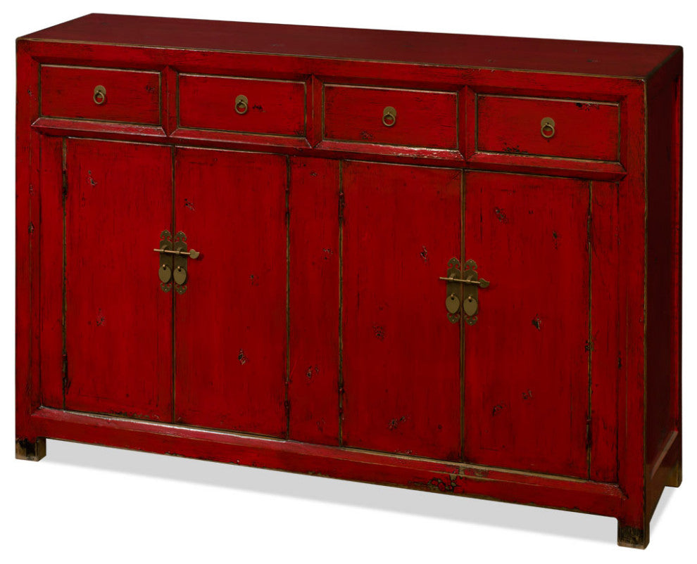 Distressed Red Elmwood Chinese Ming Sideboard