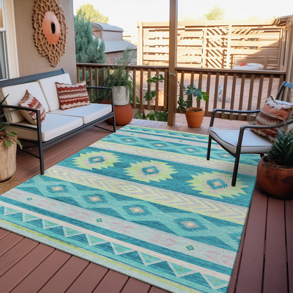 Indoor/Outdoor Phoenix PH3 Teal Machine Washable 5' x 7'6" Rug