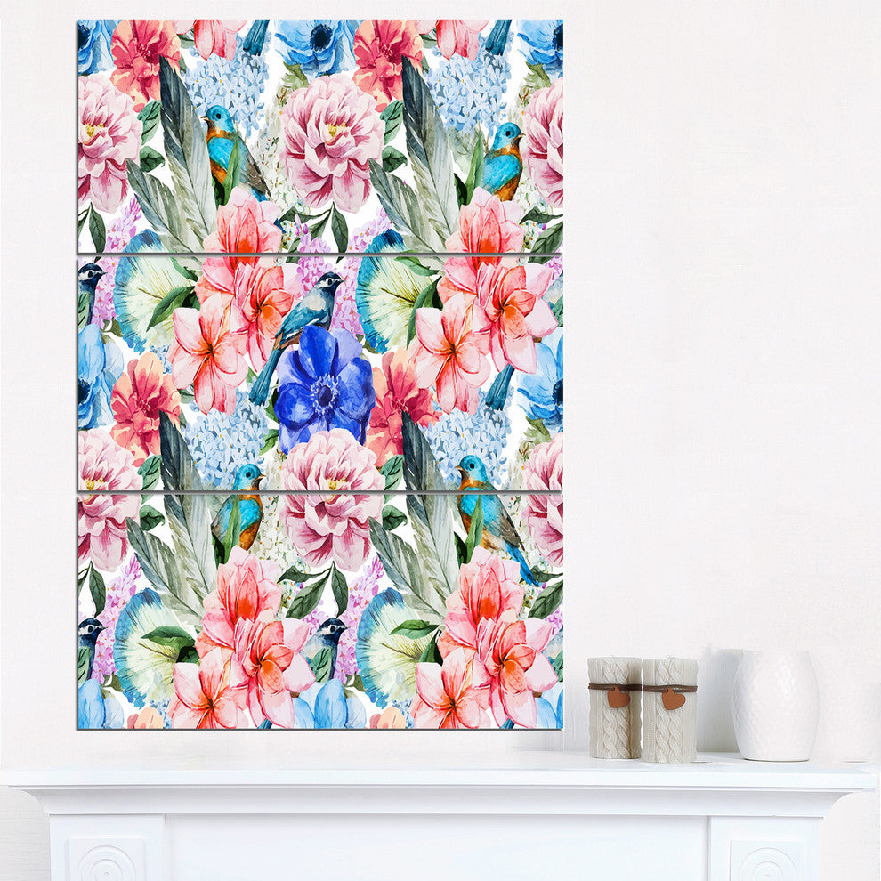 "Colorful Flowers and Birds Watercolor" Metal Wall Art, 3 Panels, 28"x36"