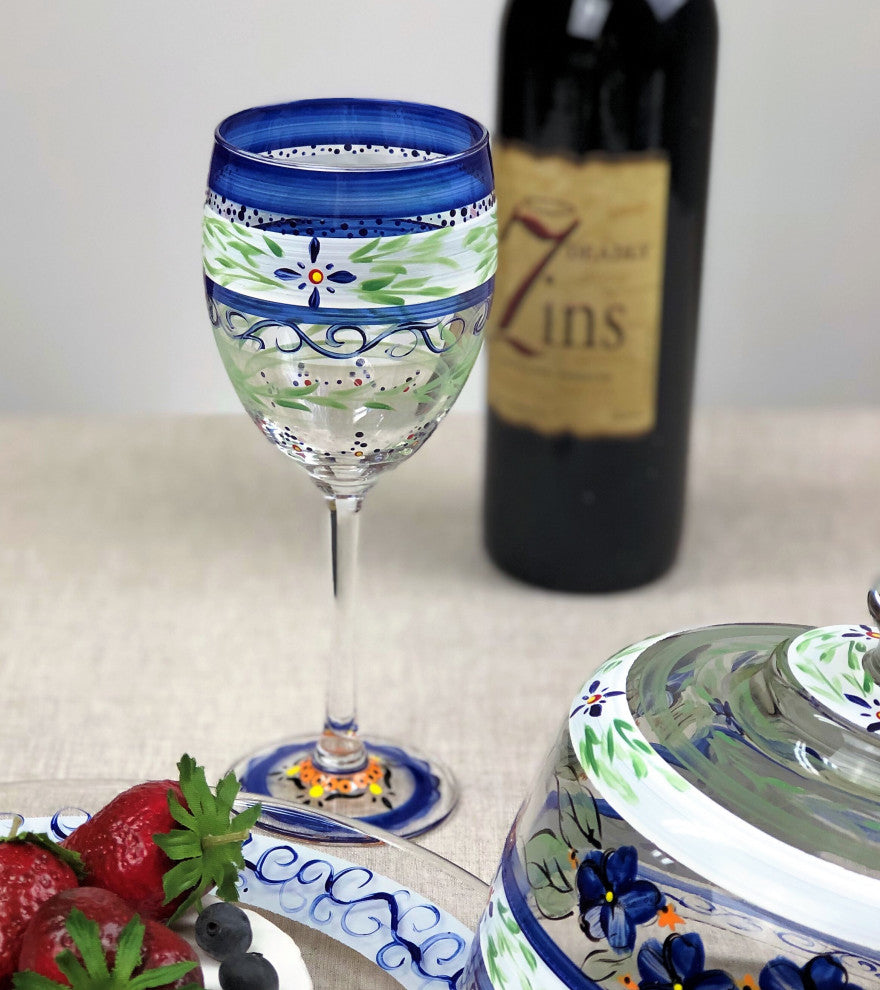 Blue Floral Wine Glasses, Set of 2
