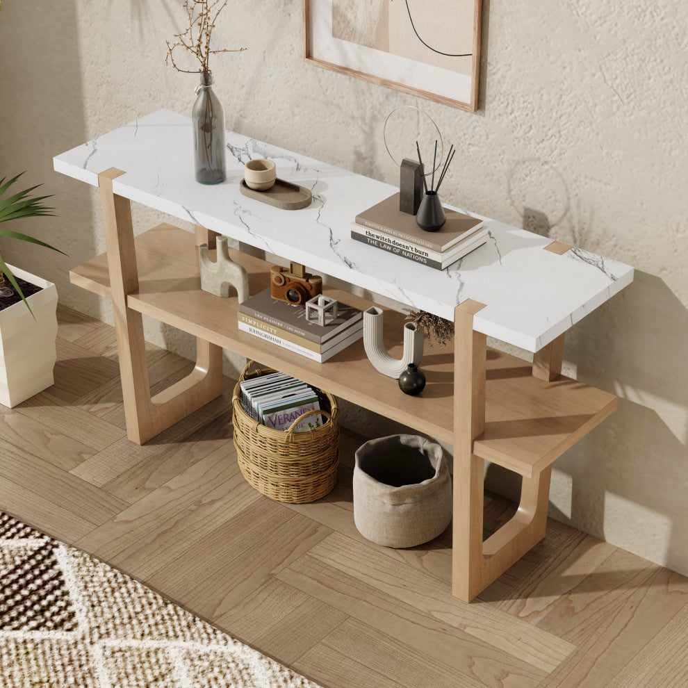 TATEUS Narrow Console Table with Marble-Effect Top for Entryway and Living Room, Natural