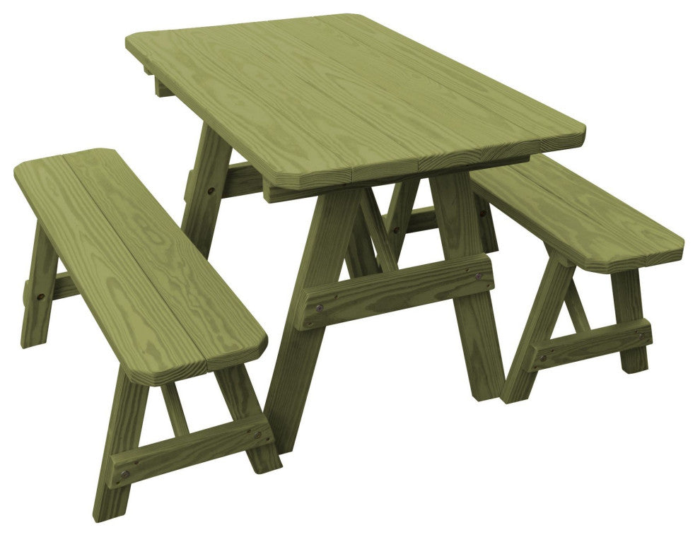 Pressure Treated Pine Picnic Table With 2 Benches, Linden Leaf Stain, 5 Foot, No Umbrella Hole