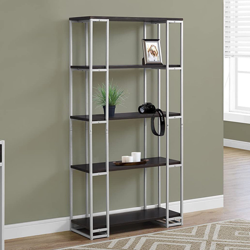 HomeRoots 12.5" x 32" x 62" Cappuccino Silver Mdf Metal Bookcase