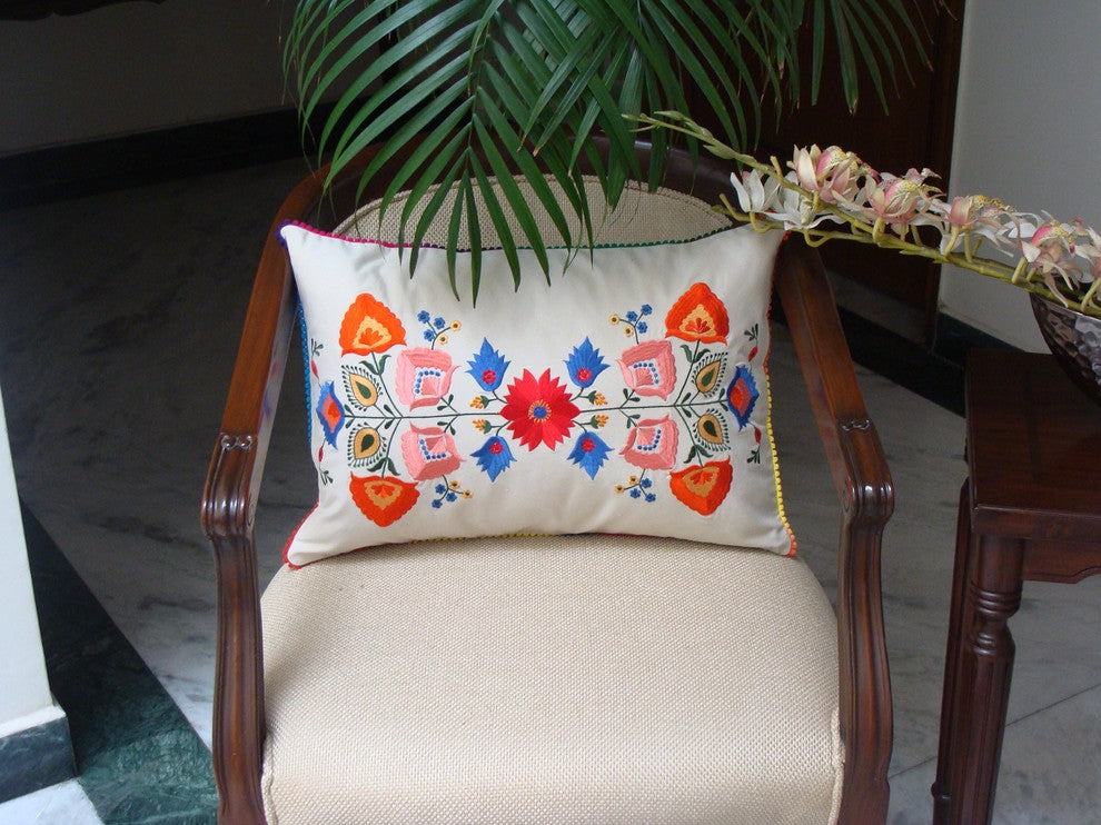 Lumbar Beige Floral Cotton Decorative Pillow Cover Silk Embroidery  18x18"