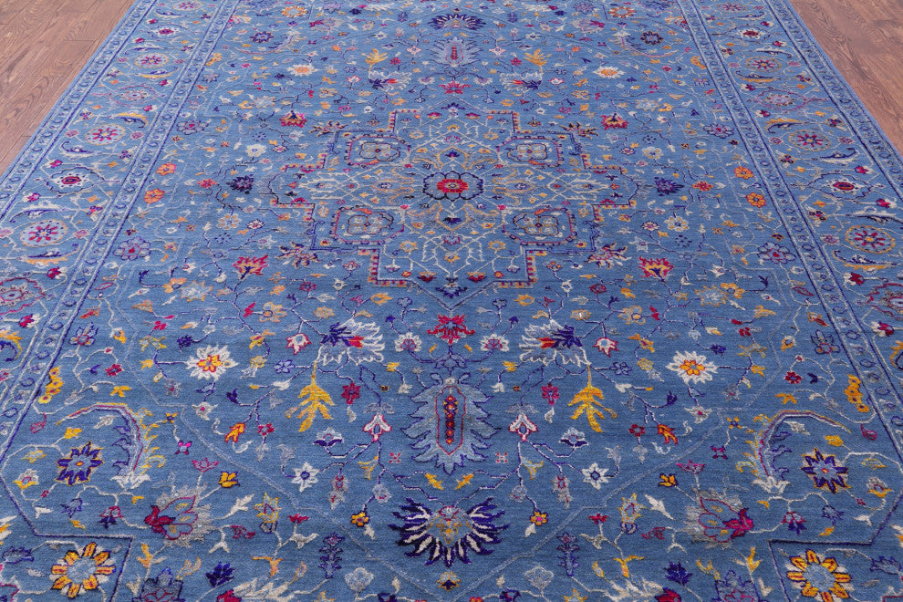 9' 2" X 12' 1" Wool & Silk Persian Heriz Serapi Handmade Rug - Q13686