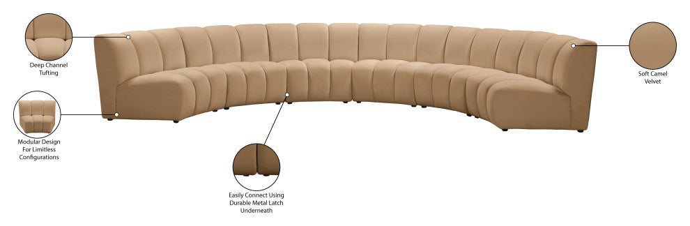 Infinity Channel Tufted Velvet Modular Chair, Camel, 6 Piece