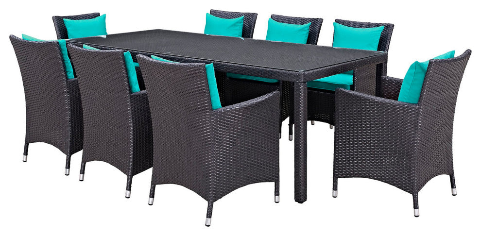 9 Piece Outdoor Dining Set, Faux Wicker Rattan, Blue