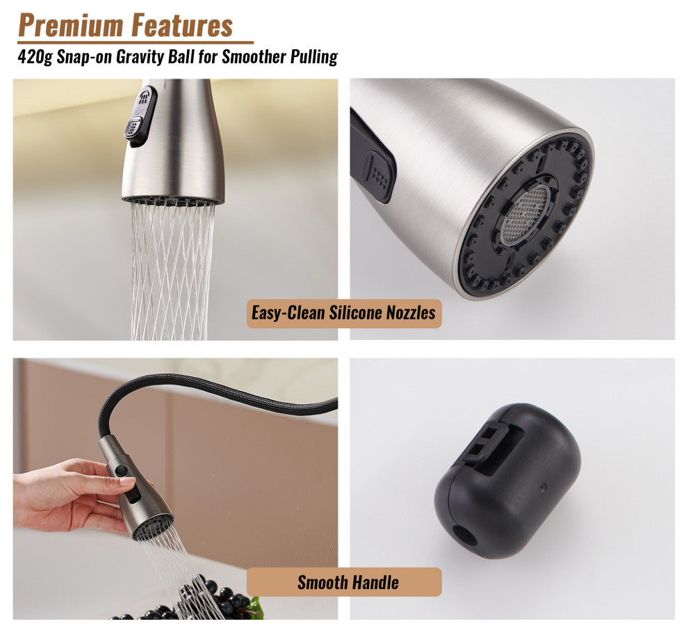 Single Handle Kitchen Sink Faucet Pull-Down Sprayer, 360 Swivel, 3 Functions, Brushed Nickel