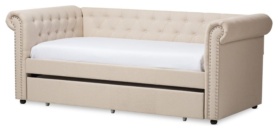 Modern And Contemporary Grrey Fabric Trundle Daybed, Beige, Twin