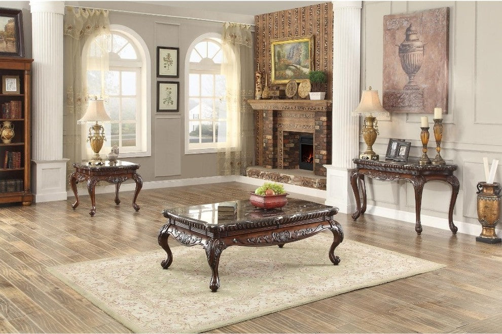 Traditional Style Engraved End Table With Marble Top, Dark Cherry Brown