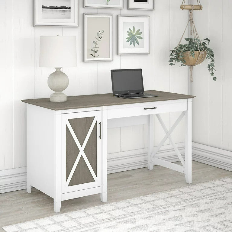 Farmhouse Desk, Large Drawer & X-Shaped Accented Door, Shiplap Gray/Pure White