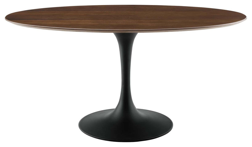 Modern Designer Room Oval Dining Table, Wood Metal Steel, Black Walnut Brown