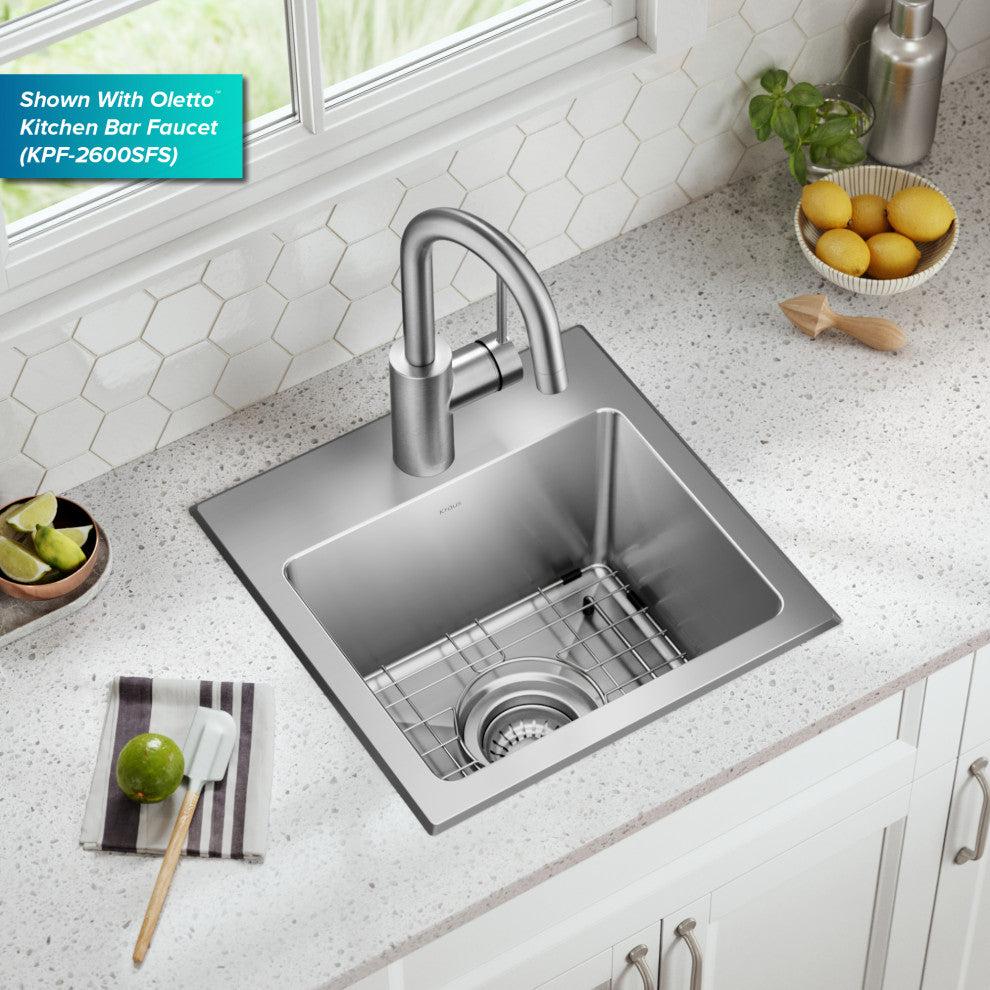 KRAUS Fairlane 15" Drop, / Top Mount 1-Bowl Stainless Steel Kitchen Sink