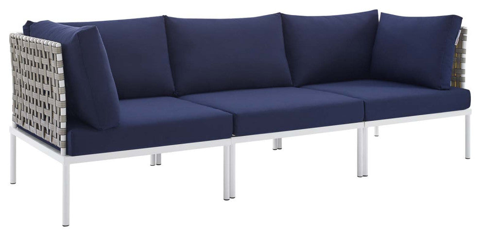 Harmony Sunbrella Basket Weave Outdoor Patio Aluminum Sofa, Tan Navy