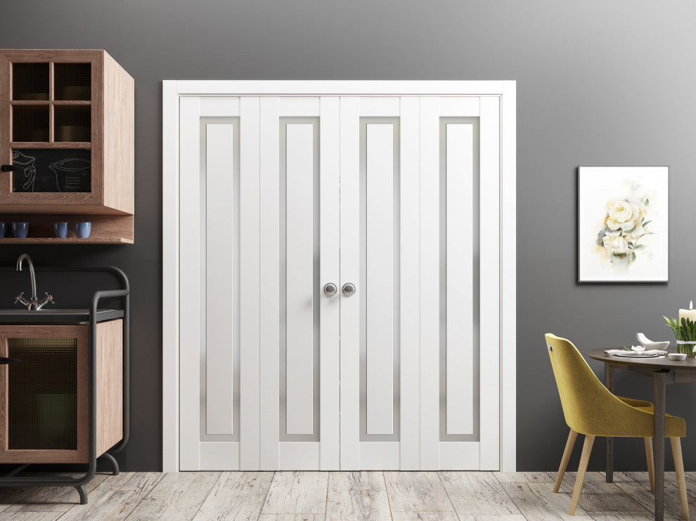 Closet Double Bi-fold Doors, Planum 0888 Painted White & Frosted Glass