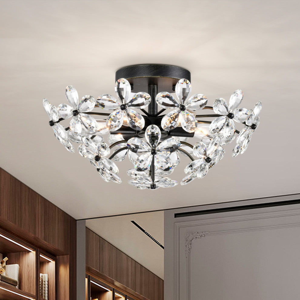 Almira 6 Lights Antique Black Daisy Flower Crystal Flush Mount