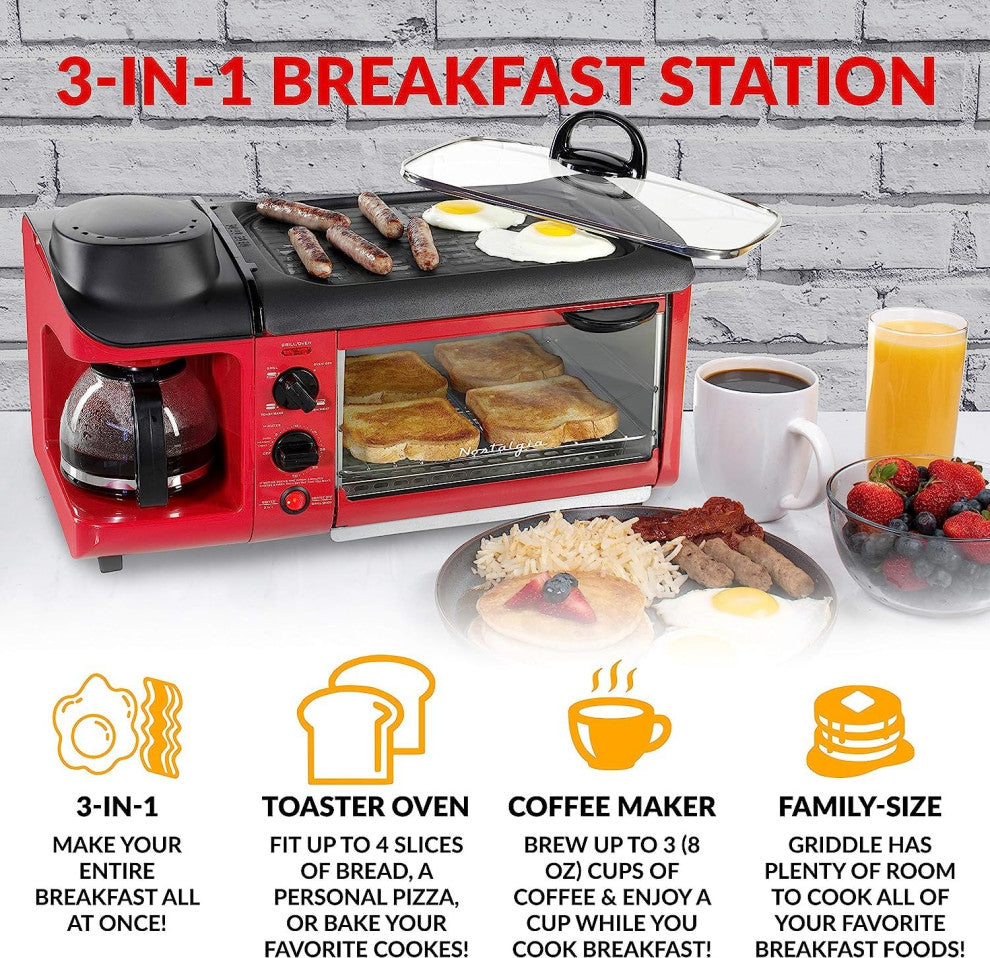 3-in-1 Breakfast Station - Includes Coffee Maker, Non-Stick Griddle, and 4-Slice, Red Breakfast Station