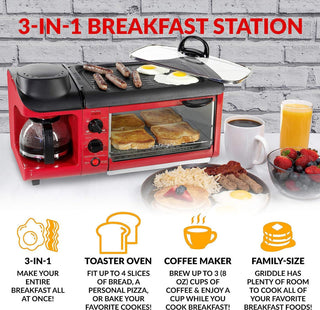 3-in-1 Breakfast Station - Includes Coffee Maker, Non-Stick Griddle, and 4-Slice, Red Breakfast Station