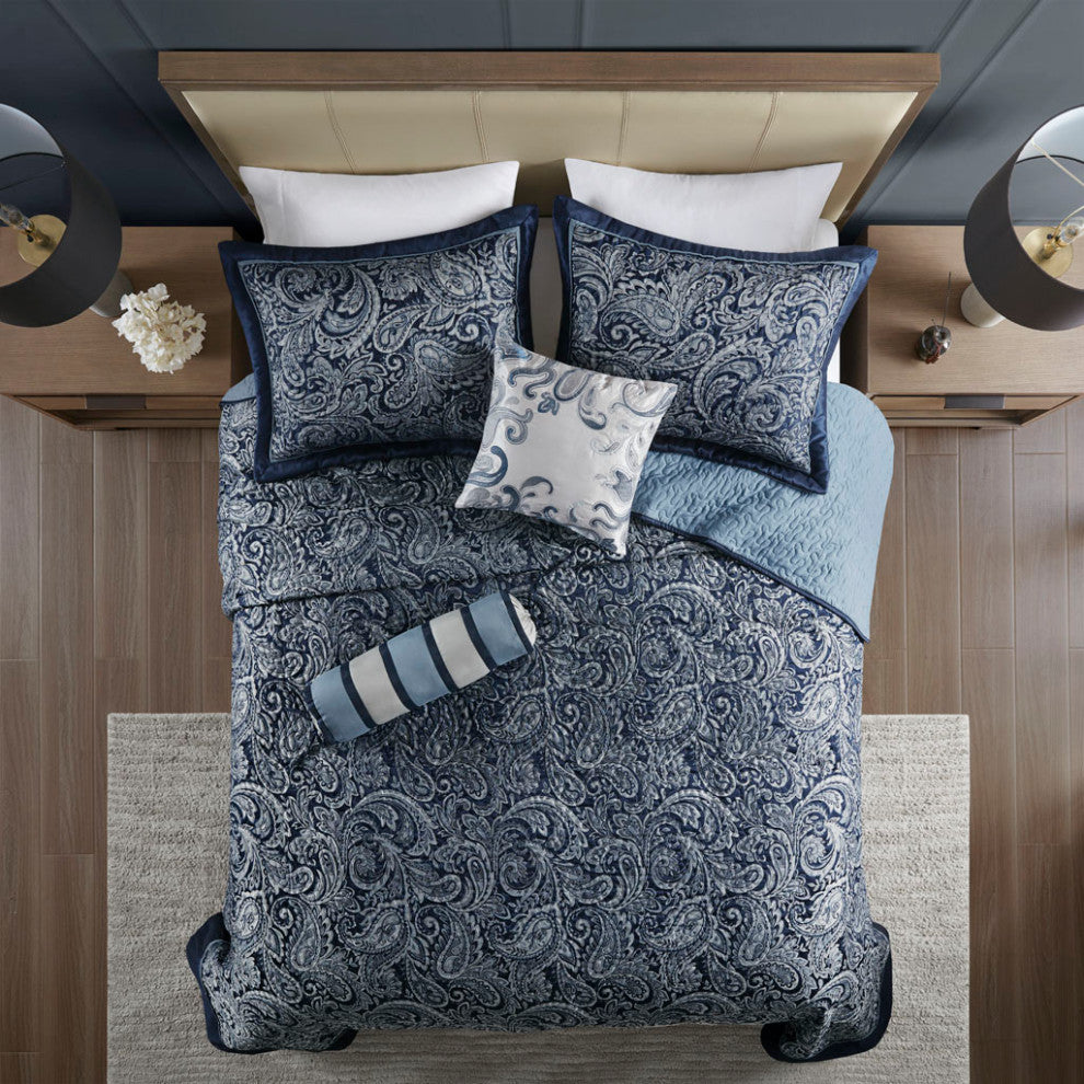 Madison Park Aubrey 5 Piece Reversible Jacquard Bedspread Set, Navy