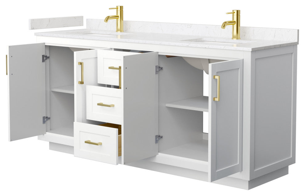 72"DBL Vanity White, Light-Vein Carrara Cult. Marble Top, Sinks, Gold Trim
