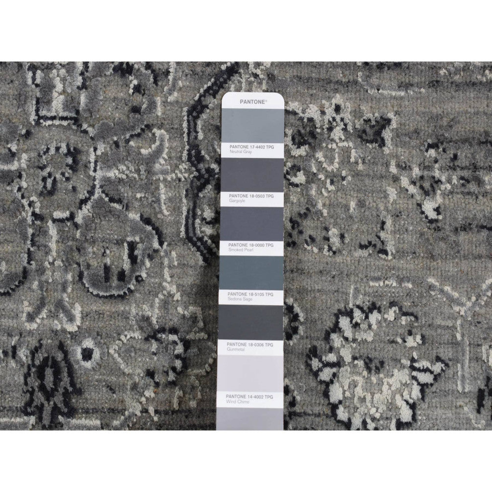 Gray, Broken Persian Erased Design, Silk With Wool Hand Knotted Rug, 6'x9'